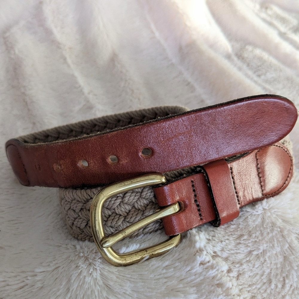 Braided canvas leather brown belt medium